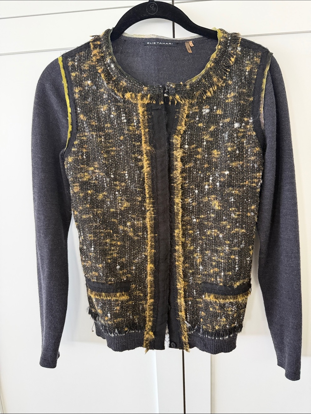 Elie Tahari Charcoal Gray & Mustard Tweed Cardigan